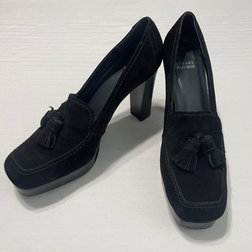 Stuart Weitzman Black Suede Platform Heels Loafers with Tassel Size 9.5